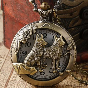 Wolf 2 Wolves Pocket Watch Howling Werewolf Full Moon Couples Gift Bronze - NEW!